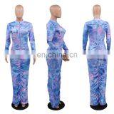 Autumn Women Tie Dye Print Long Sleeve Zipper Up Stacked Bodycon Midi Maxi Dress Streetwear Sexy Club Party Long Dresses thumbnail-3