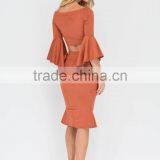Ladies Designer Skirt Suits off Shoulder Flared Sleeve Crop Top and Tight Fishtail Skirt thumbnail-4