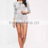 Grey Lace Up Romper Cut Hole Button With Long Sleeve Custom Cotton Blends Stretchy Slim Women Pyjamas thumbnail-4