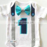 1st Birthday Boy Navy Grey And Bright Aqua Blue Bow Tie All In One One Piece Bodysuit Birthday Party thumbnail-1