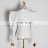 TWOTWINSTYLE O Neck Puff Sleeve Zipper Ruched White Women's Sweatshirts thumbnail-3