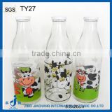 1L glass milk bottle with decal printing and twist off metal cap
