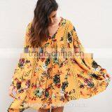 2017 Hot Sell Vintage Flower Print Lace Summer Boho Dress Women Long Lantern Sleeve Loose Short Dress Women thumbnail-4