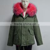 Promotion High End comfortable faux fur lined with raccoon fur collar red cheap lady coat