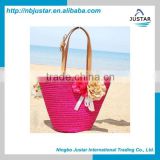 2015 New design girl's wooden handle beach bag promotional pink beach tote bag wholesale fashion straw beach bag for lady
