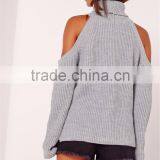 MGOO Custom Design Women Plain Knitwear Oversized Longline Ladies Sweater Chunky Cold Shoulder Jumper Grey thumbnail-2