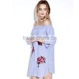 Sexy Rose Embroidery Off Shoulder Stripe Long Sleeve Women Mini Dress thumbnail-2