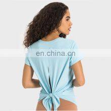 Quick Dry Cool Soft Sexy Back Hollow Out Boe Tie Short Sleeve Gym Top Loose Casual Women Workout Sports Fitness Walking Wear thumbnail-1