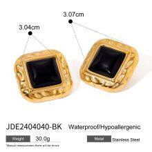 Vintage Stainless Steel Black Stone Stud Earrings Gold Plated Geometric Pearl Earrings Set Women Fashion Jewelry thumbnail-4