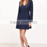 Navy Double Breasted Pleated Hem Dress Polyester Spandex Long Sleeve V Neck Casual Plain Dress thumbnail-5