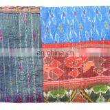 Indian Handmade Silk Saree Fabric Patchwork Kantha Quilt Queen Bedding Throw Reversible Bedspread thumbnail-2
