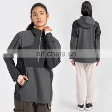 High Quality Women Half Zip Front Pocket Hooded Jackets Windbreaker Waterproof Gym Clothing Outdoor Running Hiking Pullover Tops thumbnail-5