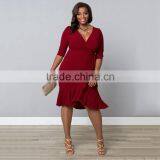 F20344A New fashion elegant plus size dress deep v neck three quarter sleeve ruffles skirts plus size women clothing for lady