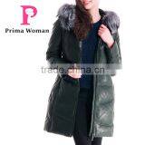 Winter Women Medium Length Slim Fit Leather Coat With Silver Fox Hat Overcoat thumbnail-5