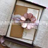 Beautiful Flower With Lace Ribbon With Box Linen Wedding Invitation Card Quality Choice