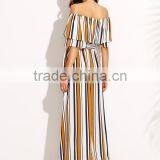 Woman Fashion Striped Off The Shoulder Tie Waist Chiffon Maxi Dress thumbnail-5