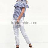 Ladies Smocking Elastic off Shoulder Striped Blouses With Frills Casual Tops thumbnail-5