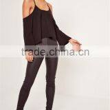 MGOO 2017 Chiffon Cold Shoulder Blouse Long Sleeves Shirts Blouses Polyester Spandex Black Loose Style thumbnail-3