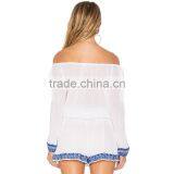 Crepe Embroidered Peasant Blouse Long Sleeve off Shoulder Lady Top thumbnail-3