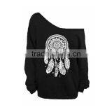 Bulk Wholesale Black Asymmetrical Shoulder Screen Printing Sweatshirt for Ladies thumbnail-2