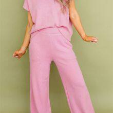 Red Stripe Pullover Hoodie Ribbed Solid Pants 2pcs Set Outfit Gray Leopard Print Raw Seam Patchwork Pullover Drawstring Loose Pant Set Wholesale thumbnail-4