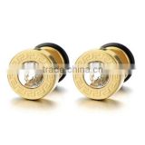 Steel Mens Gold Stud Earrings Screw Back with Greek Key Pattern and 4mm Cz, 2pcs