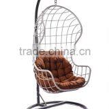 China balcony swing chair in brown round wicker with cholocal cushion