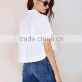 Lady's Slim Cotton Collared Solid White Shirt Short Sleeve Blouse thumbnail-4