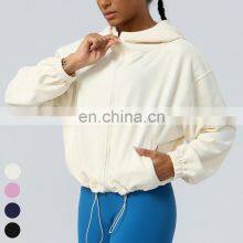 Drawstring Hoody Loose Casual Running Coat Zipper Sports Jackets Long Sleeve Gym Fitness Hooded Wear Yoga Jacket For Women thumbnail-4