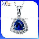 Custom Wholesale White Gold Plated Trillion Cut Halo Setting 925 Sterling Silver Lab Created Blue Sapphire Pendant