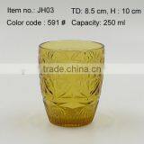 Press Drinking Glass/Wine Goblet,Hiball,DOF, Sundae Cup Color Glass in Amber With Geometric Designs Emboss thumbnail-4