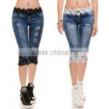 Women lace jeans europe style torn stretch denim shorts