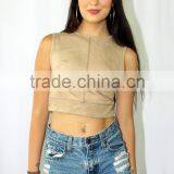 Womens Ladies Suede Top Junior Sexy Clubwear Casual Boho Crop Top thumbnail-1