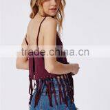 Fringed Plain Wine Red Ladies Plain Crop Top, Spaghetti Strap Cami Fringed Crop Top Wholesale for Ladies. thumbnail-3