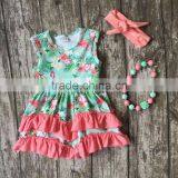 Baby Girls Clothes Kids Wear Summer Flamingo Mint Coral Ruffles Print Dress Cotton Mtaching Accessories Boutique Sleeveless thumbnail-1