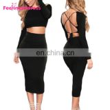 Fashion Long Sleeve Tops Black Backless Midi Bodycon Sexy Women Party Dress