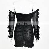 Hot Sale Fashion New Mesh Deep V Hollow-out Lace-up Yarn Flounced Long Sleeve Dress thumbnail-5