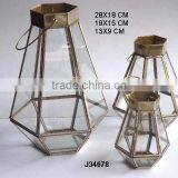 Brass and Glass Geometric Designs Lantern With Antique Brass Finish