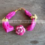 fabric cloth Bracelet with polymer clay flower charm, gold teapot charm silk cloth Bracelet new design fabric bracelet