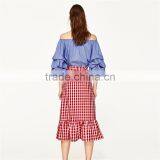 2017 OEM Spring Cute Pleated Vertical Stripes Off Shoulder Blouse thumbnail-3