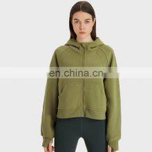 Custom Logo Sports Active Wear Women's Hoodies High Quality Cotton Fleece Oversized Fit Full Zip Up Thumbholes Crop Top Hoodie thumbnail-5