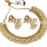 Indian Fabulous Gold Tone Pearl Stone Polki Necklace Set Jewelry for Women Wedding thumbnail-3