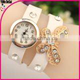 2015 Leather Vintage Bracelet Lady Watch With Diamond Butterfly