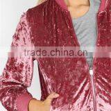 MGOO Custom Label Tag Women Outwear Zip Up Ribbed Trim Velvet Bomber Jacket Coat Pink thumbnail-5