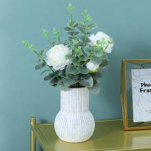 Tall High Quality White Simple Stripe Artificial Flowers Ceramic Vase Artware For Wedding Decoration thumbnail-5