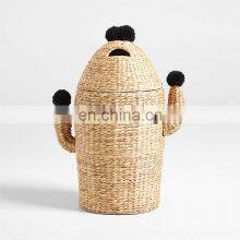 Best Price Water Hyacinth Pompom Cactus Hamper Home Decoration Clothes Wicker Basket Iron Frame Best Price Wholesale thumbnail-2