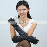 Export Trade High Quality Ladies Long Black Leather Glove with Button Decoration