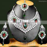 Magnificent Uniform Gems Silver Tone F93 Green Maroon Hind Necklace Set thumbnail-1