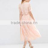 Pink Lace Crop Top and Puff Skirt Wedding Dress Girl's Short Sleeve Prom Two Piece Set thumbnail-4