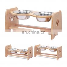 Raised Pet Bowls for Cats and Dogs Adjustable Bamboo Elevated Dog Cat Food and Water Bowls Stand Feeder with 2 Stainless Steel